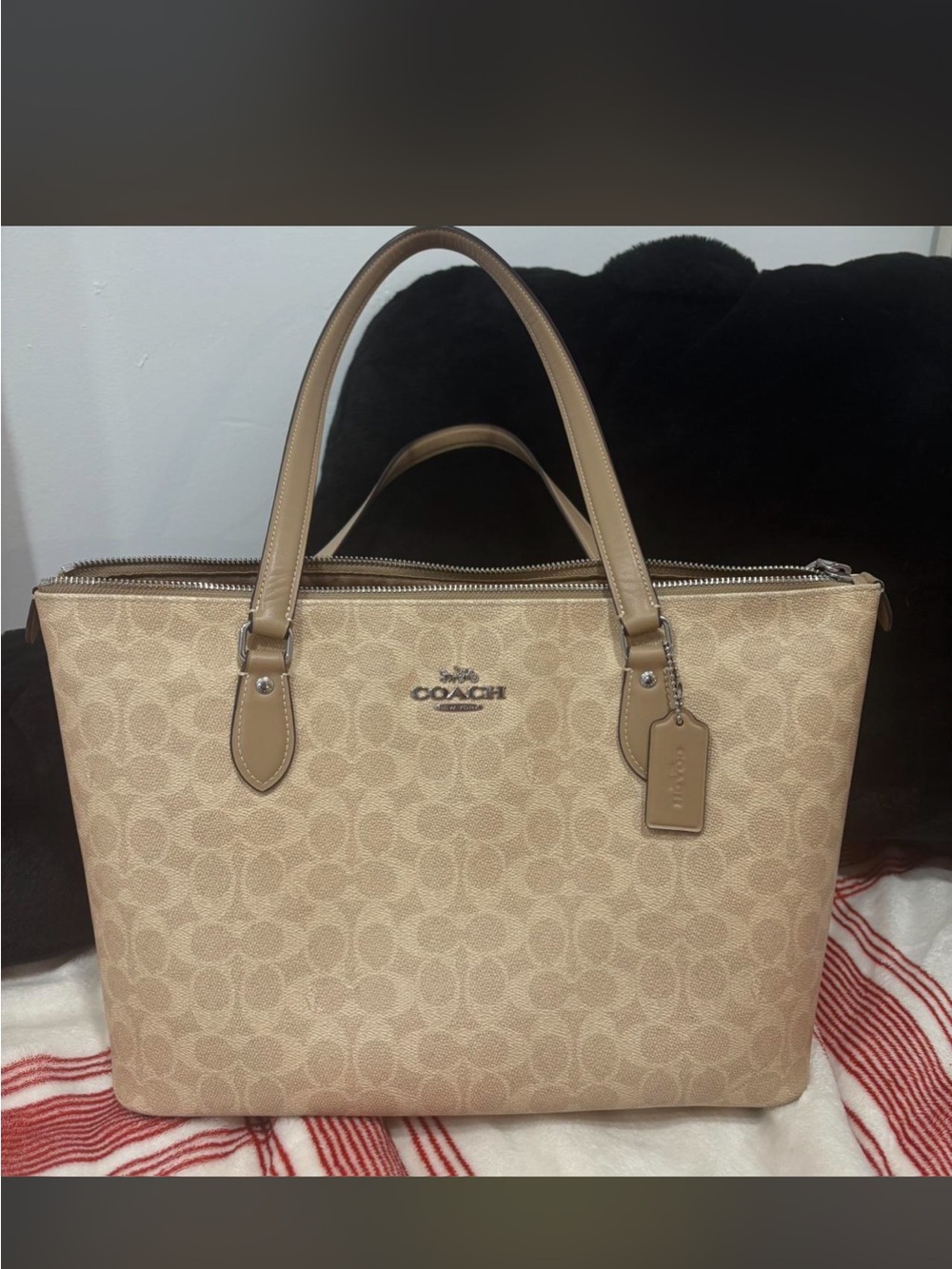 Coach Beige Signature Canvas Tote with Tan Leather Trim